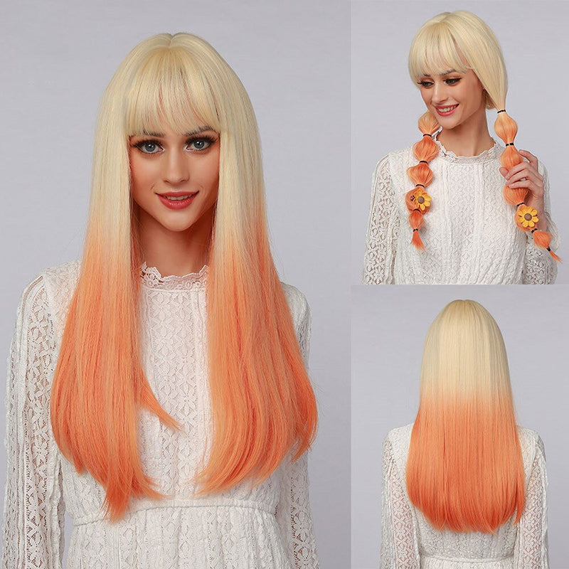 Women's Wavy Wig Ombre Pink 24 Inch Heat-Resistant Fiber