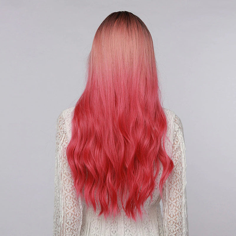 Women's Wavy Wig Ombre Pink 24 Inch Heat-Resistant Fiber