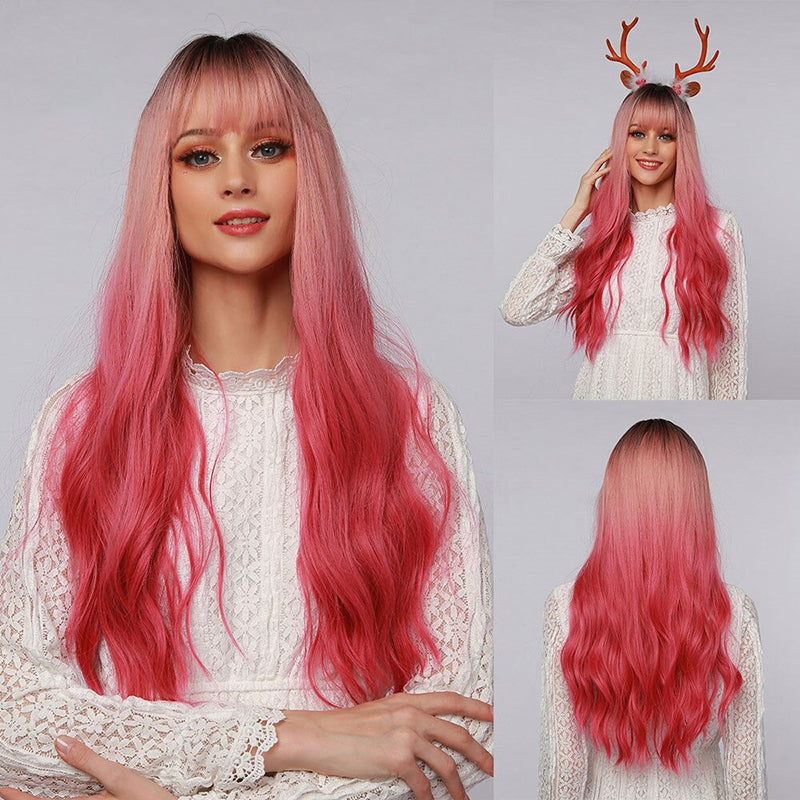 Women's Wavy Wig Ombre Pink 24 Inch Heat-Resistant Fiber