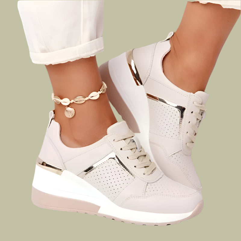 Women’s Wedge Sneakers with Perforated Sides and Metallic Accents – Lace-Up Synthetic Leather