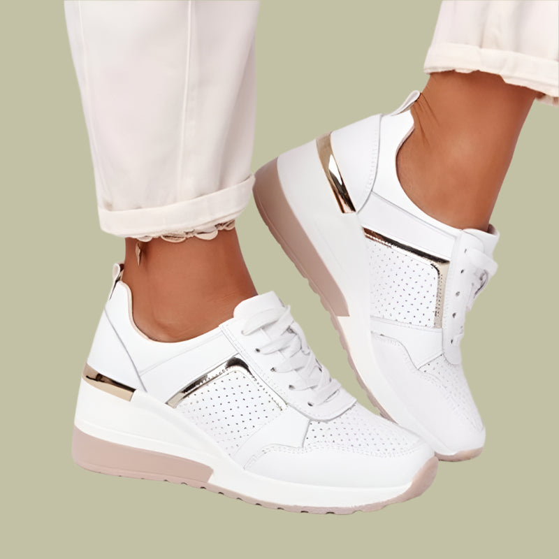 Women’s Wedge Sneakers with Perforated Sides and Metallic Accents – Lace-Up Synthetic Leather