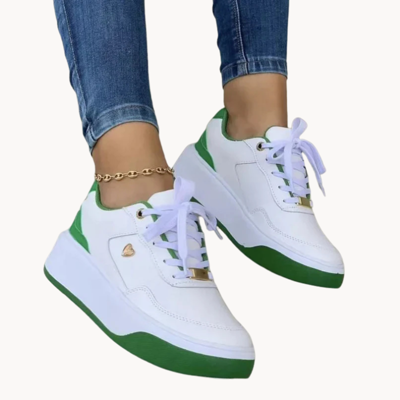Women's White Platform Sneakers with Cushioned Sole – Lace-Up Faux Leather Casual Footwear