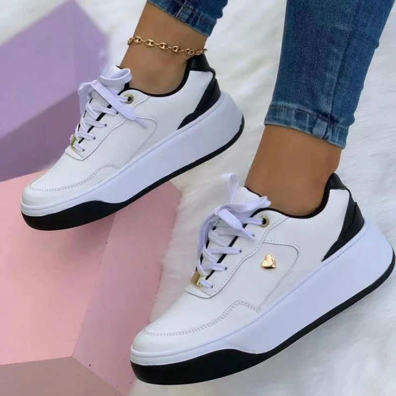 Women's White Platform Sneakers with Cushioned Sole – Lace-Up Faux Leather Casual Footwear