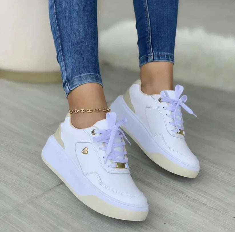 Women's White Platform Sneakers with Cushioned Sole – Lace-Up Faux Leather Casual Footwear