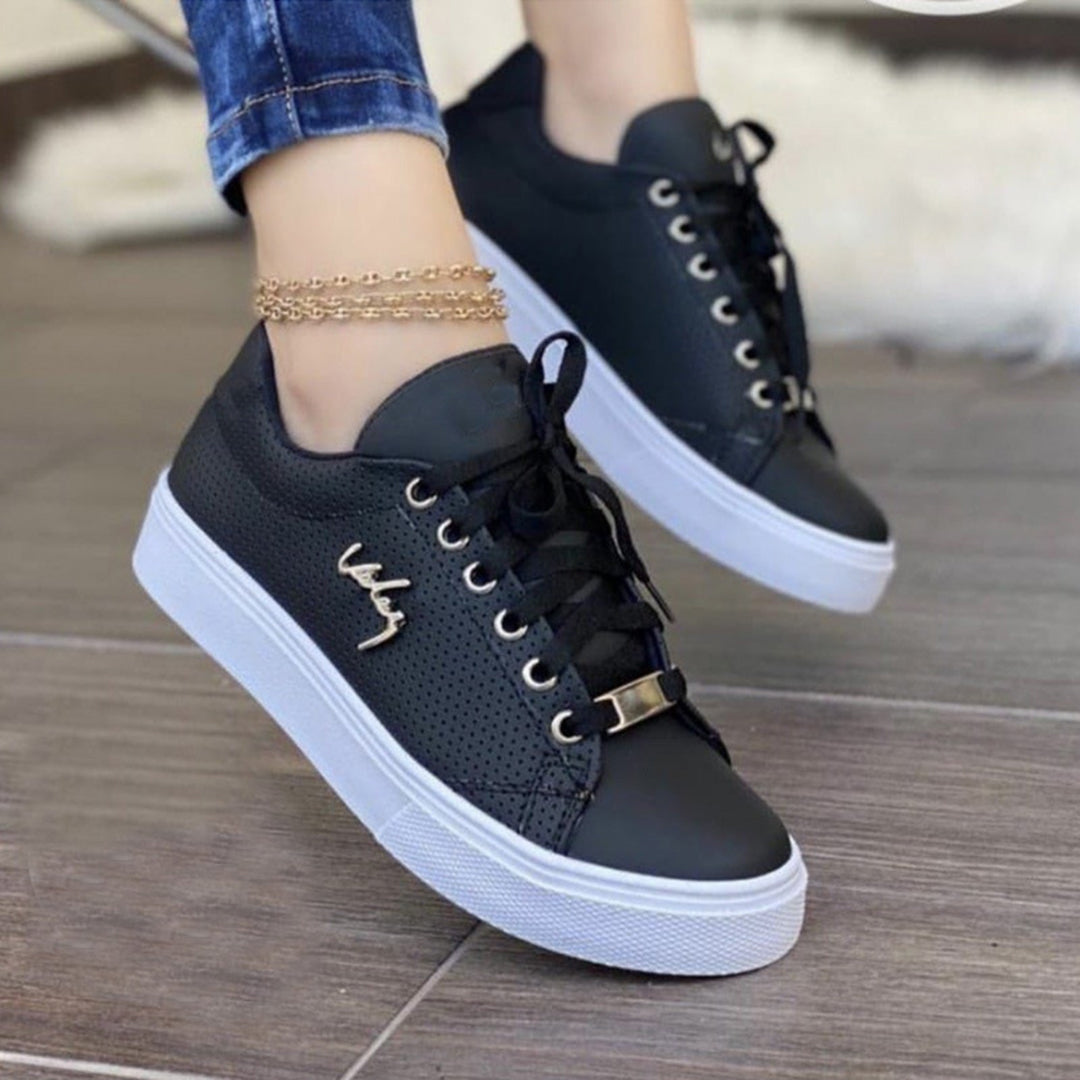Women's White Sneakers - Breathable Leather Lace-Up Sneakers with Cushioned Sole for Everyday Comfort