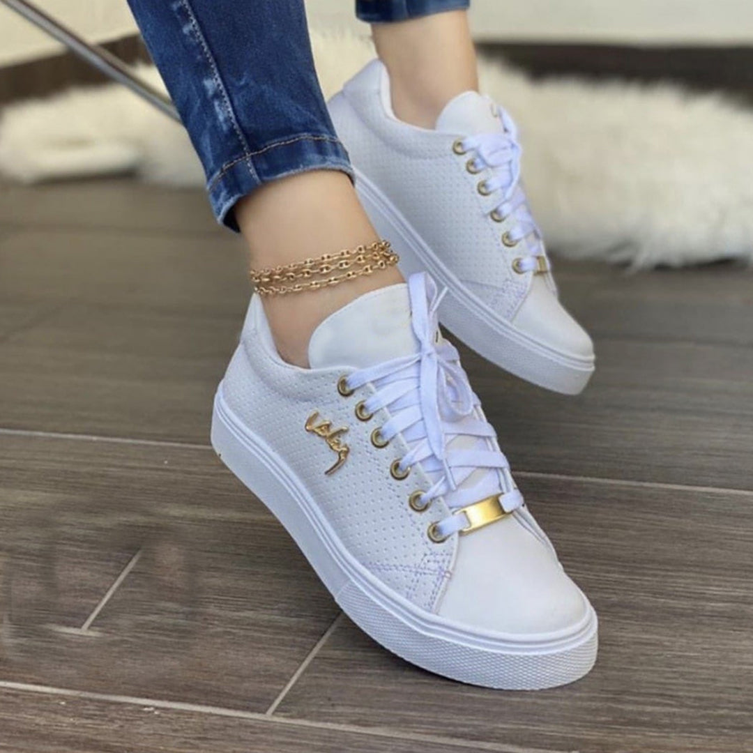 Women's White Sneakers - Breathable Leather Lace-Up Sneakers with Cushioned Sole for Everyday Comfort