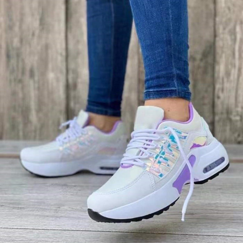 Women's White Sneakers - Breathable Mesh Athletic Shoes with Platform Sole and Cushioned Lace-Up Fit for Walking and Casual Wear