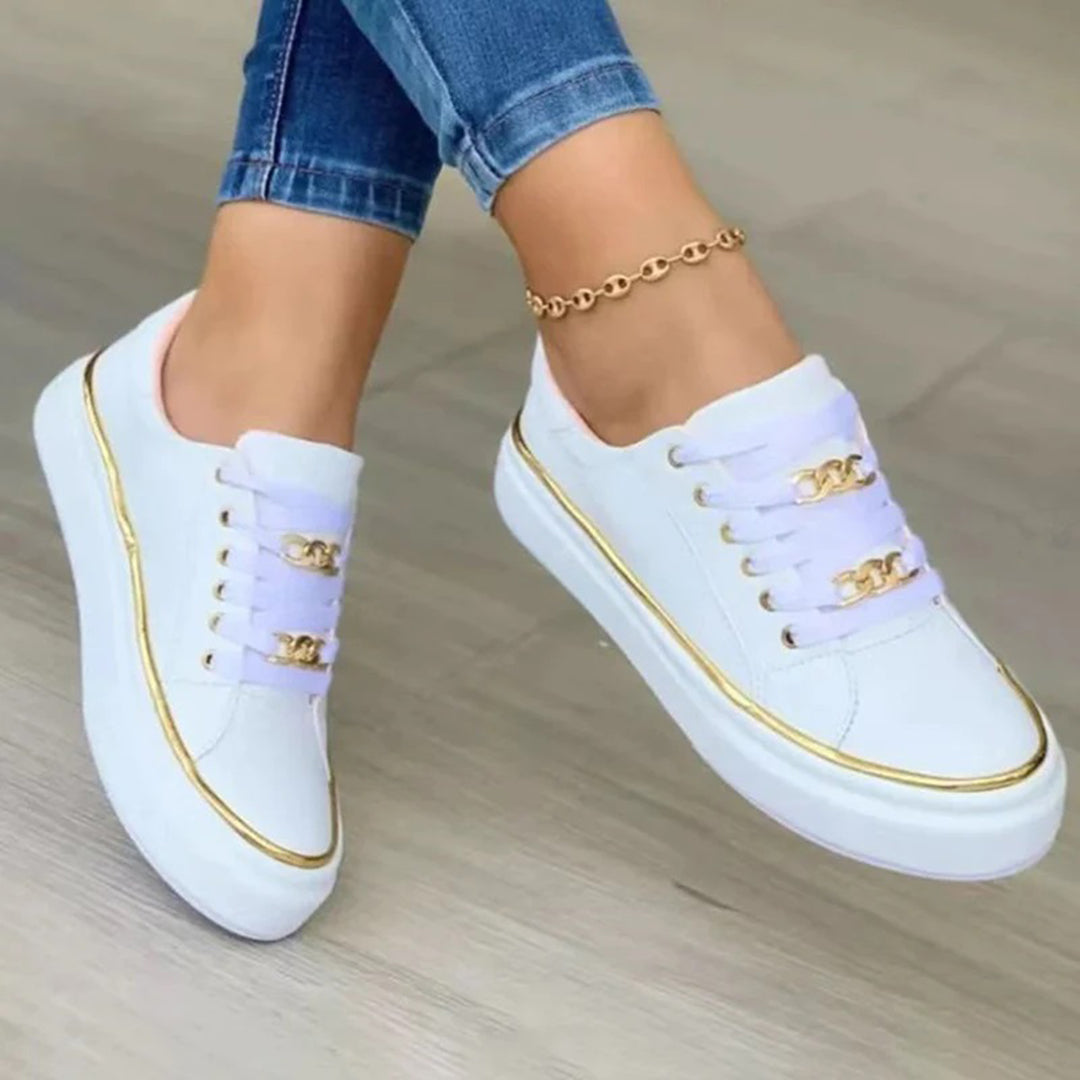 Women's White Trainers with Gold Accent – Stylish Low-Top Sneakers for Comfort and Versatility