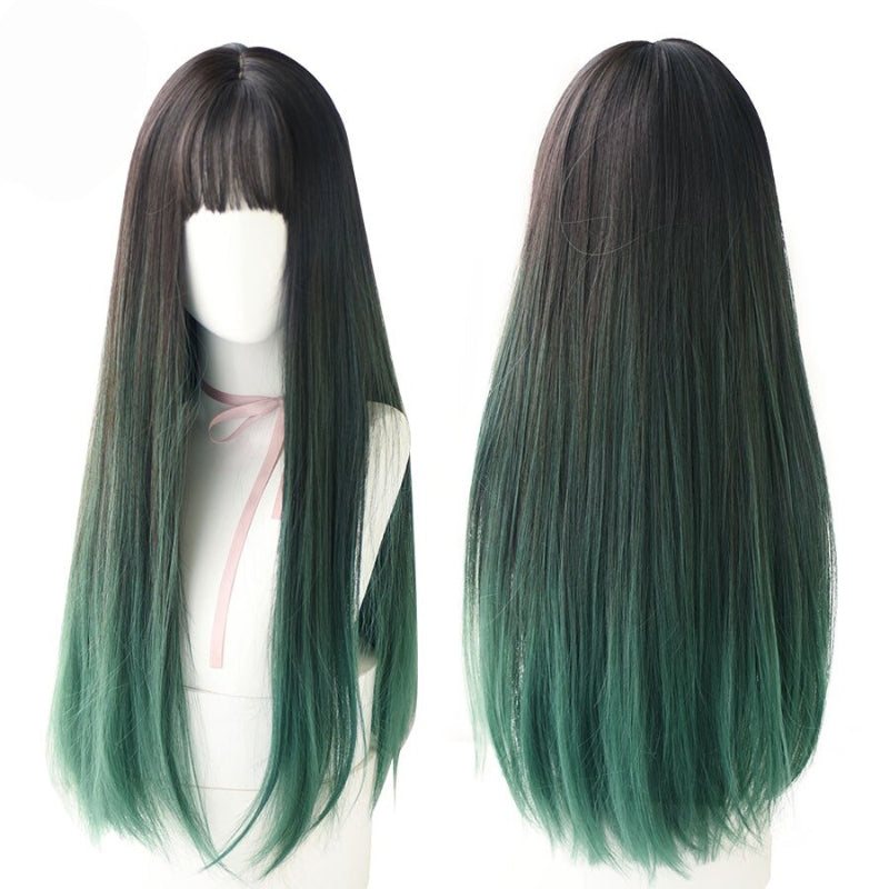 Women's Wig Long Black Heat-Resistant Synthetic with Bangs