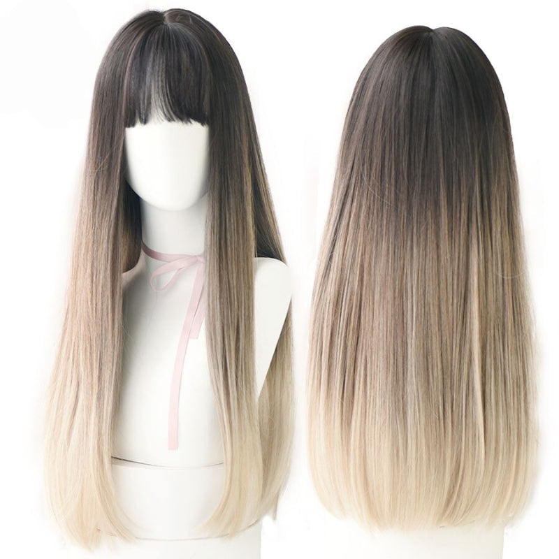 Women's Wig Long Black Heat-Resistant Synthetic with Bangs