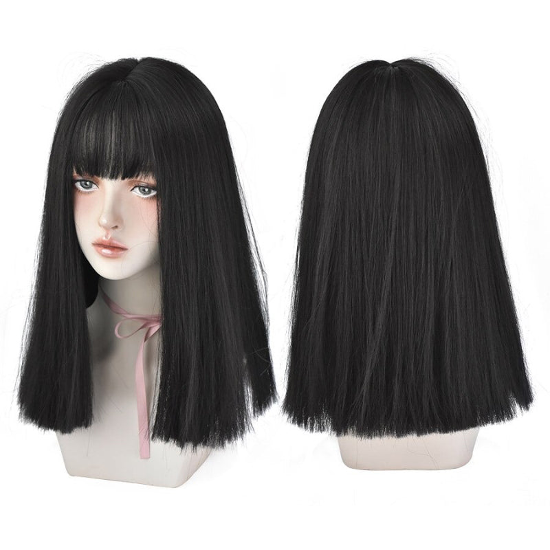 Women's Wig Long Black Heat-Resistant Synthetic with Bangs