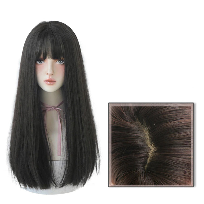 Women's Wig Long Black Heat-Resistant Synthetic with Bangs