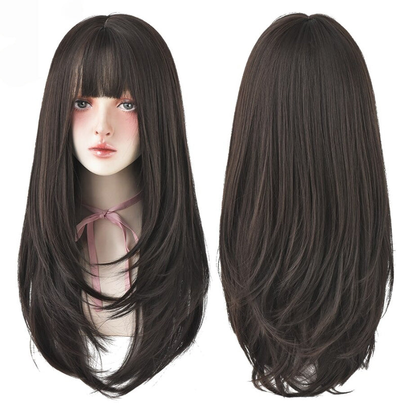 Women's Wig Long Black Heat-Resistant Synthetic with Bangs