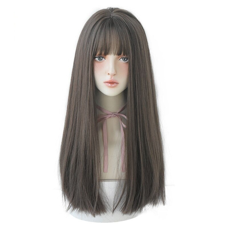 Women's Wig Long Black Heat-Resistant Synthetic with Bangs