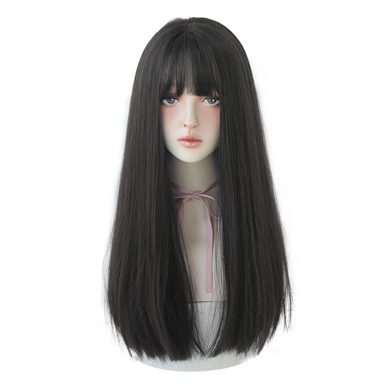 Women's Wig Long Black Heat-Resistant Synthetic with Bangs