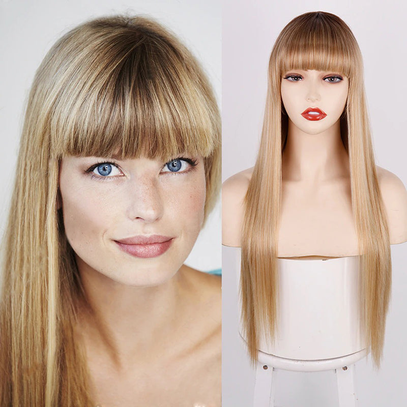 Women's Wigs with Bangs Long Straight Synthetic Hair in Various Colors