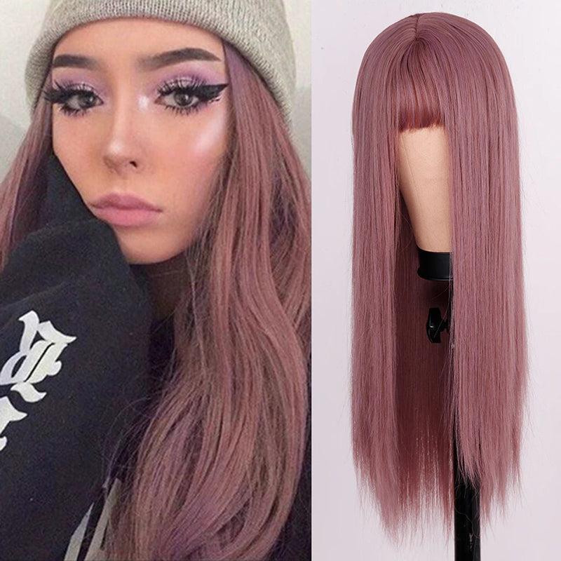 Women's Wigs with Bangs Long Straight Synthetic Hair in Various Colors