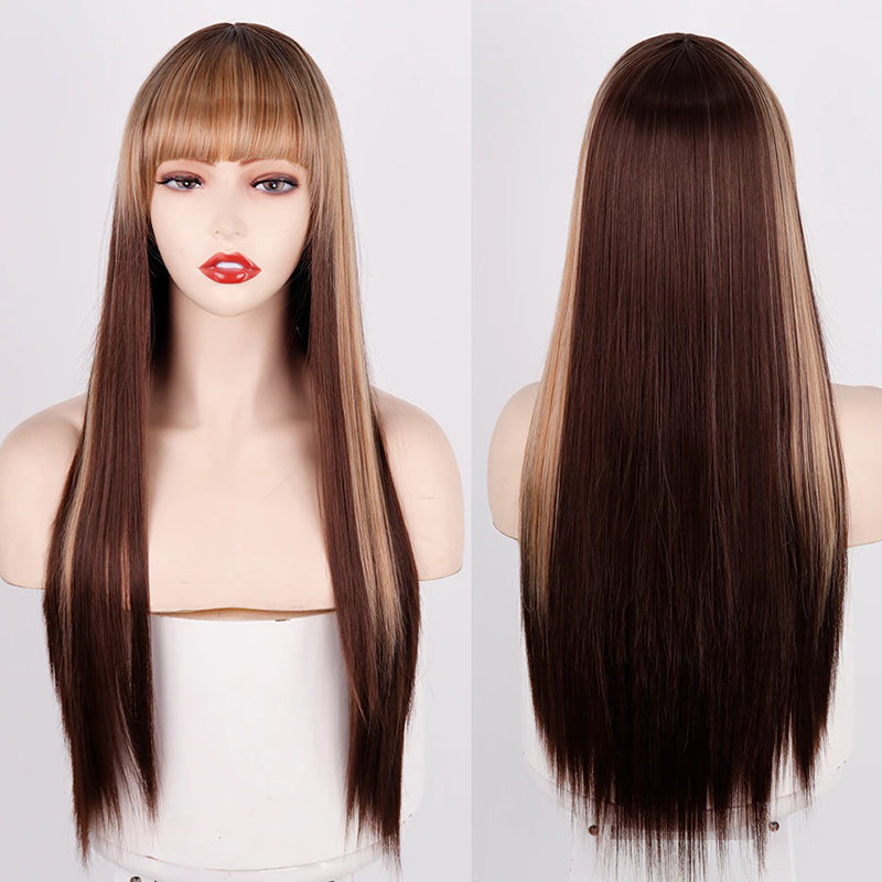 Women's Wigs with Bangs Long Straight Synthetic Hair in Various Colors