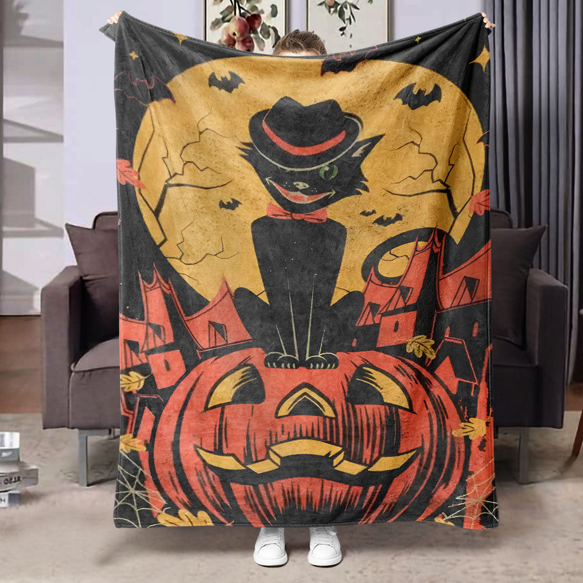 Halloween Flannel Blanket Black Geometric Polyester Multi-Size