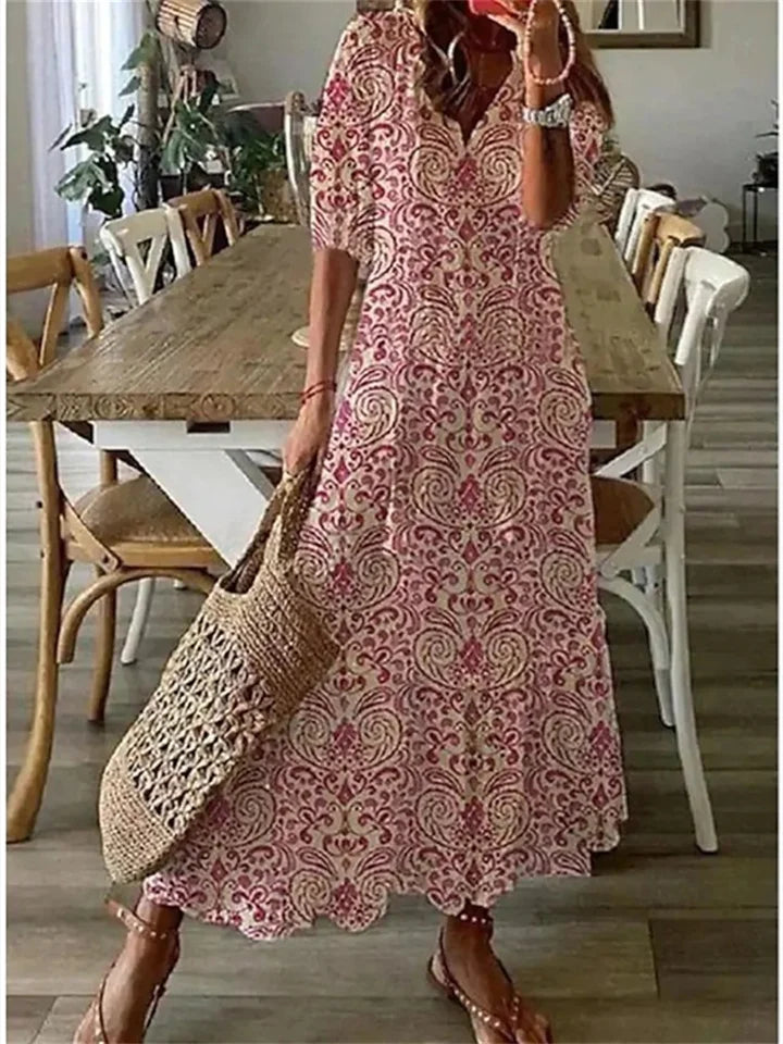 Women’s Floral Print Lightweight V-Neck 3/4 Sleeve Casual Fit Maxi Dress