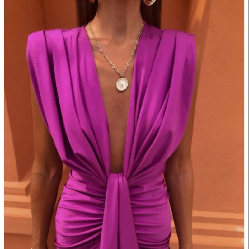 Women's Evening Gown Black Satin Deep V-Neck High Slit