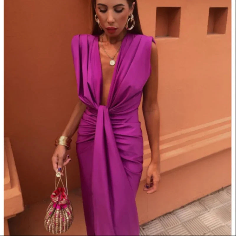 Women's Evening Gown Black Satin Deep V-Neck High Slit