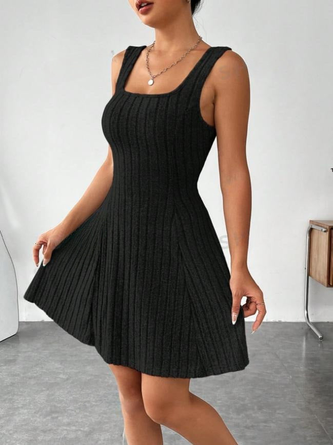 Women's Sweater Dress Black Ribbed Knit A-Line