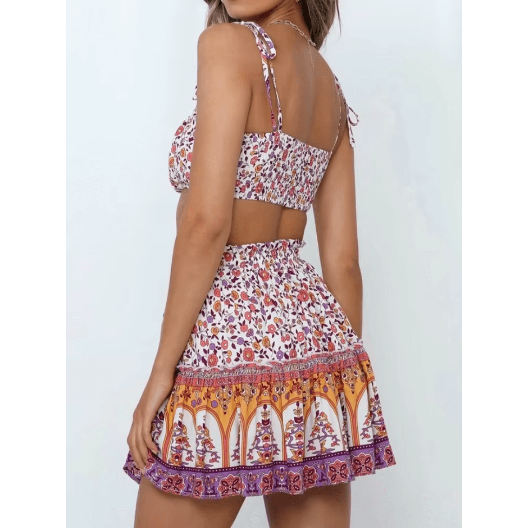 Women's 2 Piece Set Pink Floral Cotton Rayon Mini Skirt