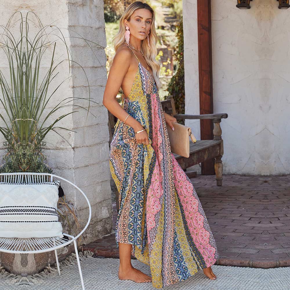 Women's Maxi Dress Multi-Color Size S-XL Bohemian Print Size S-M-L-XL