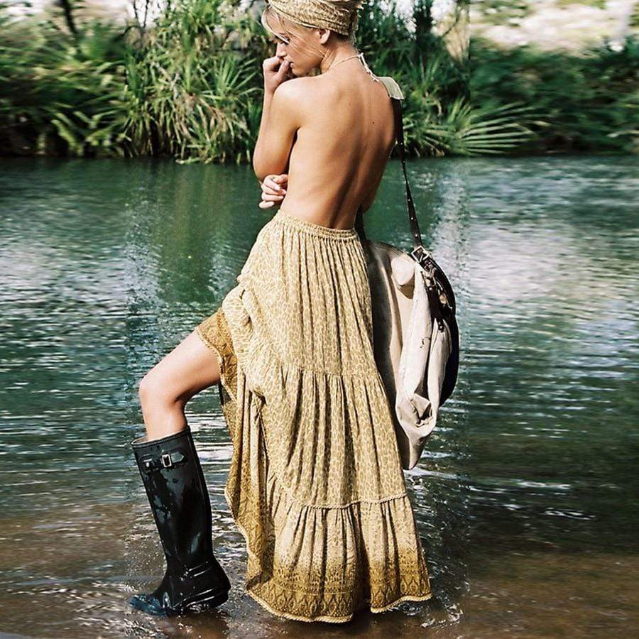 Women's Maxi Skirt Blue Cotton Polyester A-Line with Thigh-High Slit