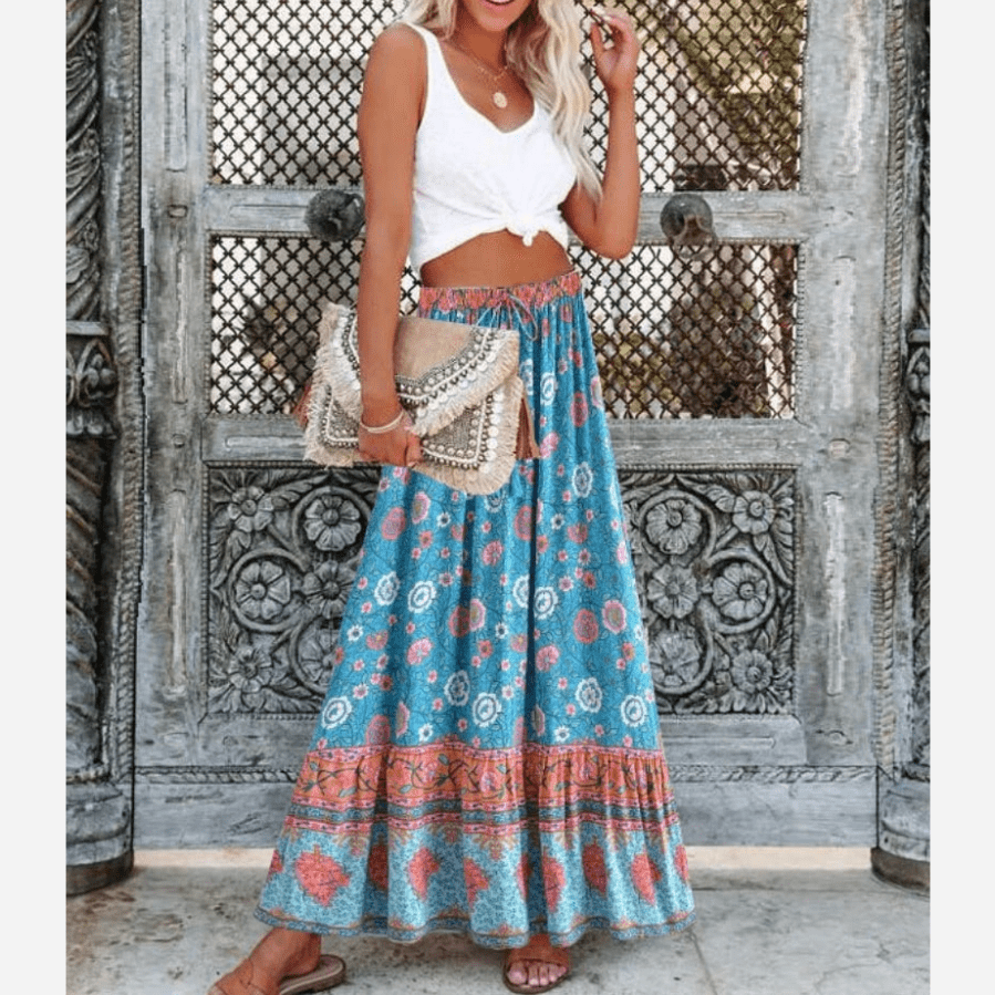 Women's Maxi Skirt Blue Floral Cotton Rayon Blend