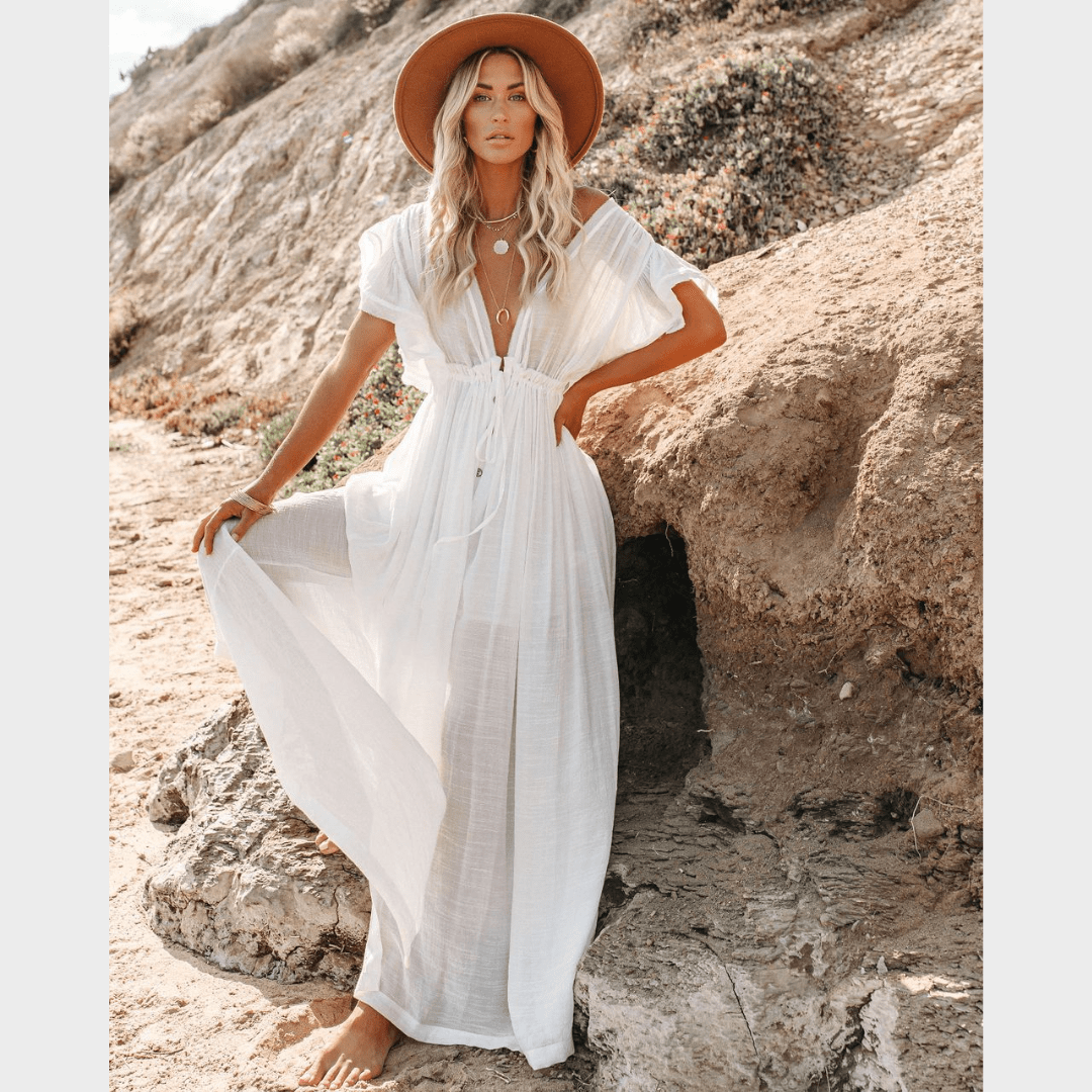 Women's Beach Cover Up Dress White One Size Polyester Boho Style