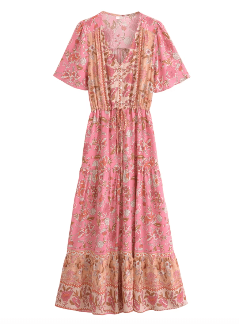 Women's Maxi Dress Pink Floral Cotton Rayon