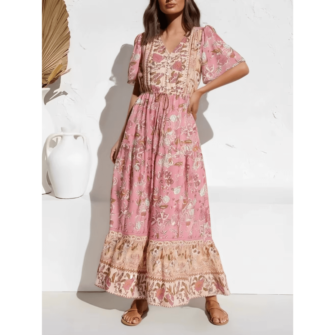 Women's Maxi Dress Pink Floral Cotton Rayon