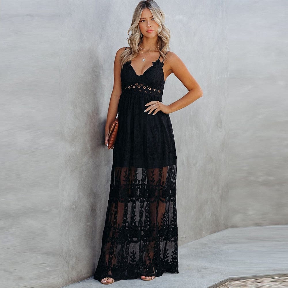 Women's Maxi Dress Black Cotton Polyester Lace
