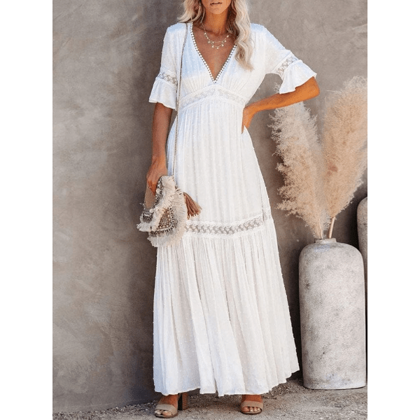 Women's Plus Size Maxi Dress White Lace High Waist Rayon
