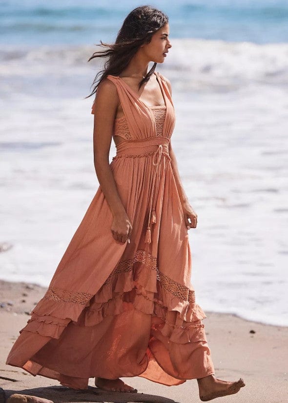 Women's Maxi Dress Coral Cotton Blend A-Line Summer Dress