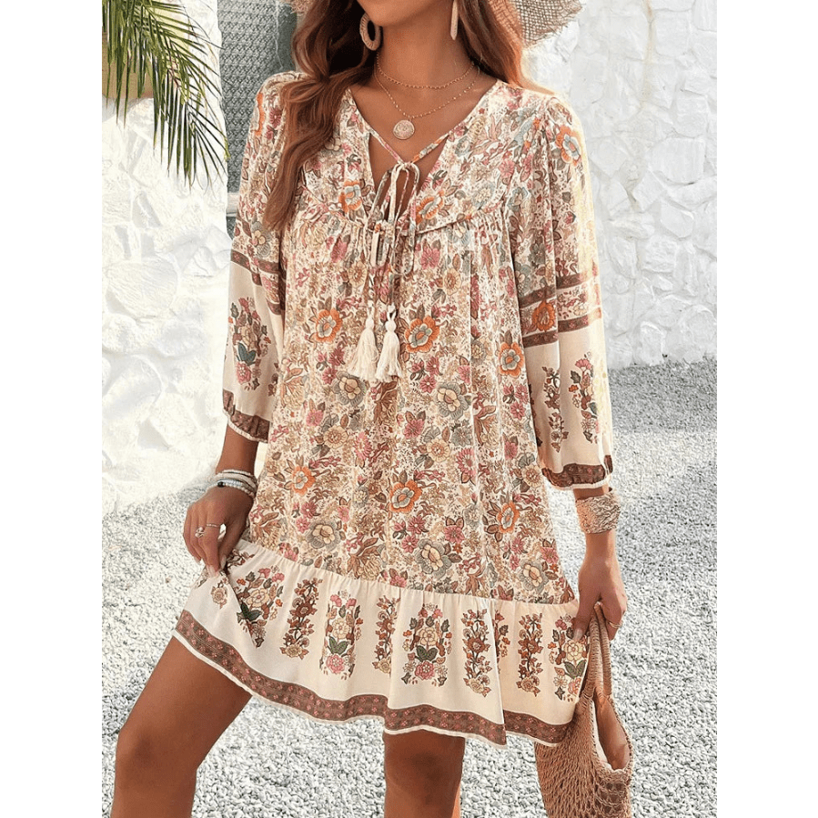 Boho Floral Mini Dress for Women with V-Neck and Long Sleeves – Summer Dresses in Soft Rayon