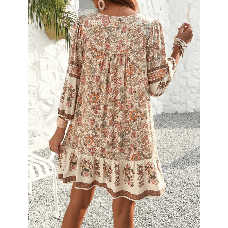 Boho Floral Mini Dress for Women with V-Neck and Long Sleeves – Summer Dresses in Soft Rayon