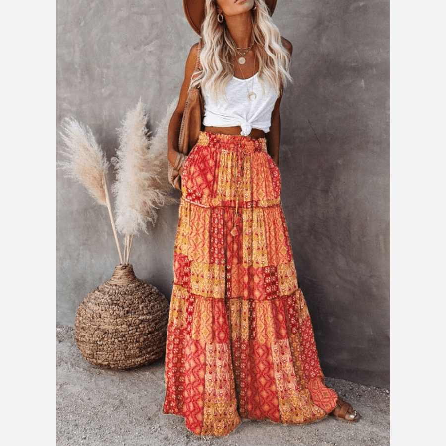 Women's Maxi Skirt Red Floral Print Polyester