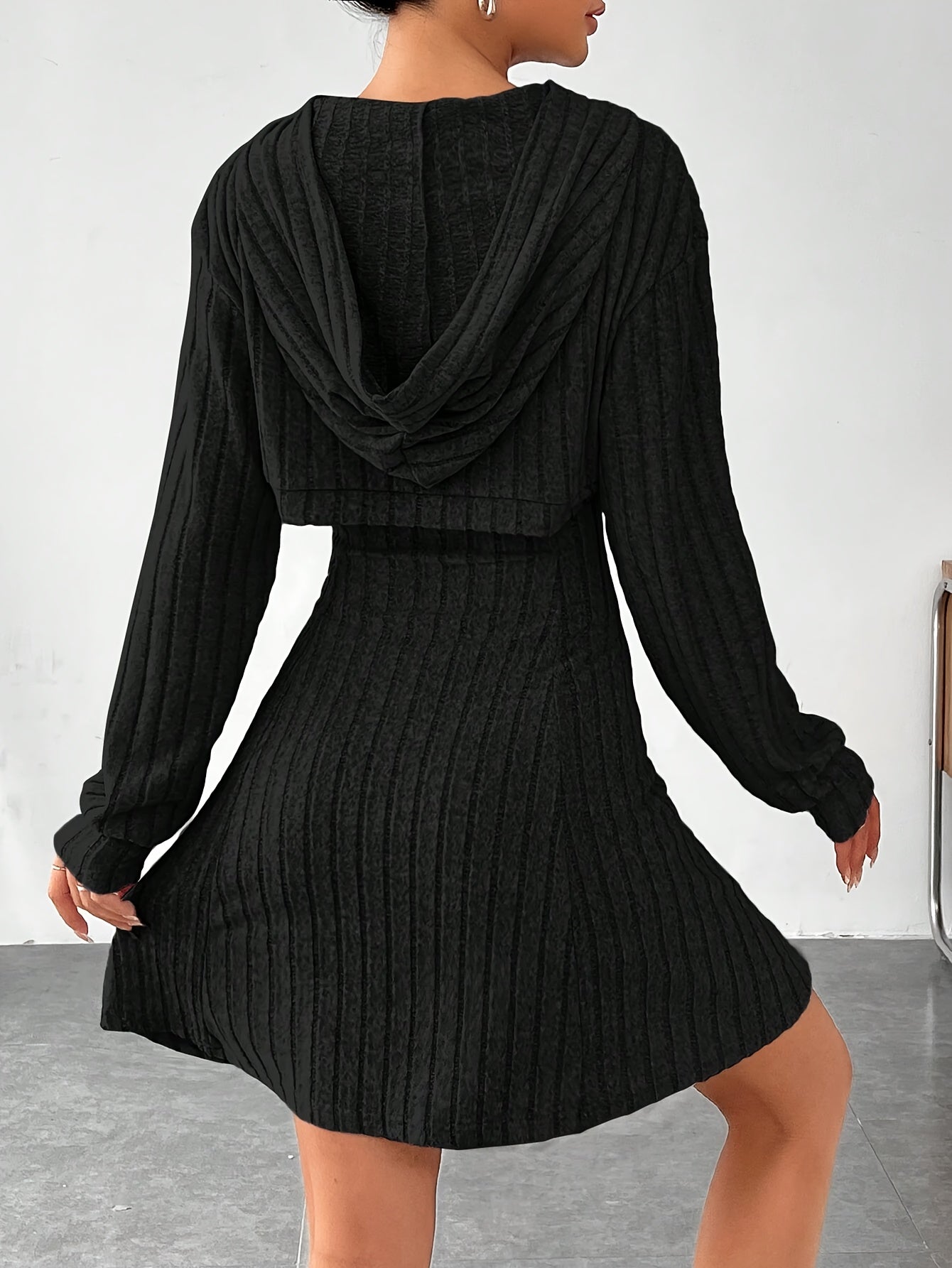 Women's Sweater Dress Black Ribbed Knit A-Line