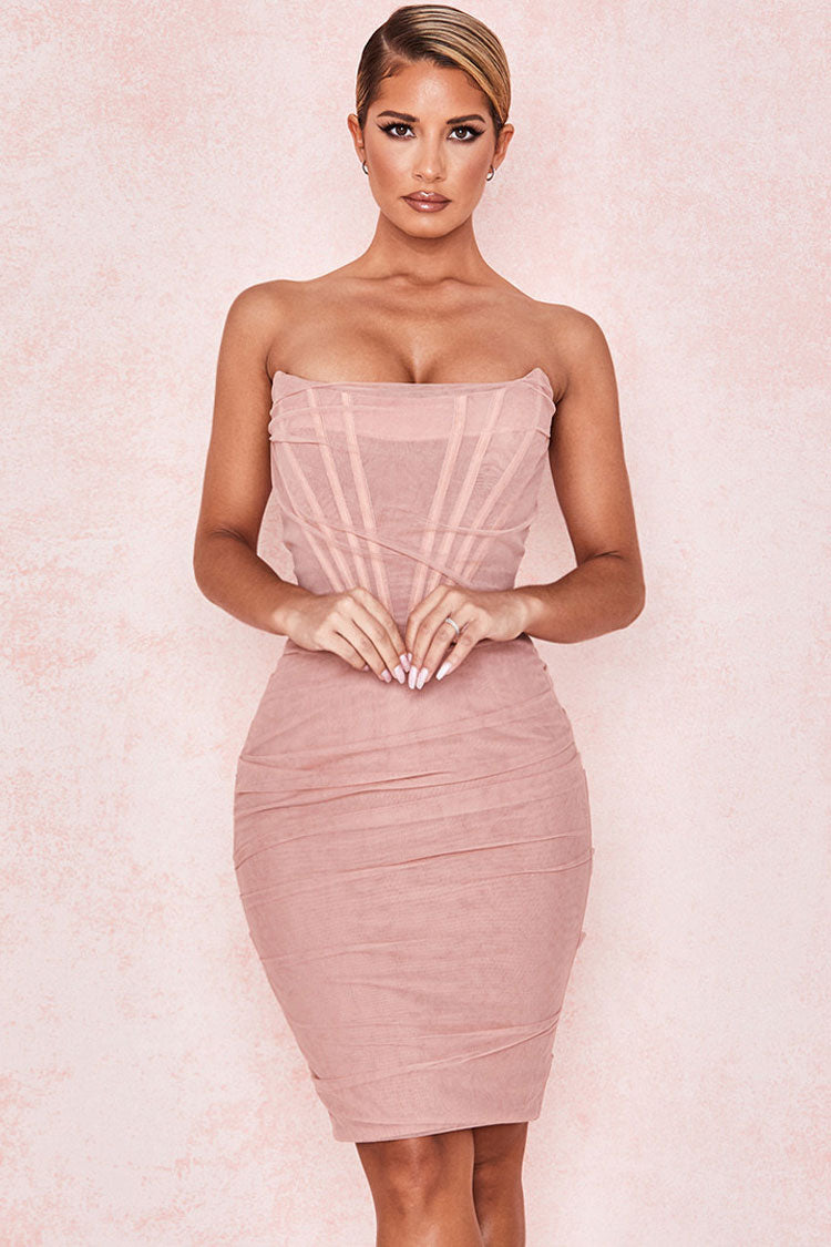 Women's Mini Dress Pink Mesh Strapless Cocktail Dress