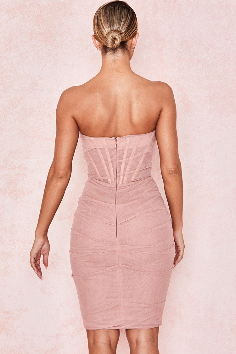 Women's Mini Dress Pink Mesh Strapless Cocktail Dress