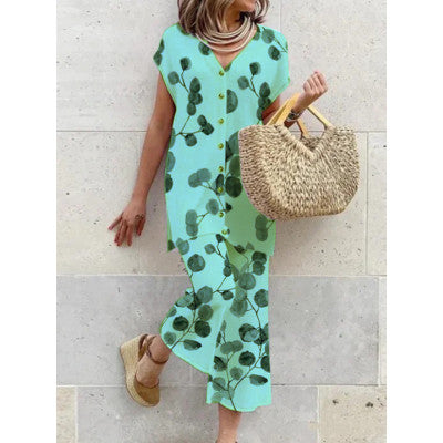 Women's Long Dress Green Rayon Blend Botanical Print