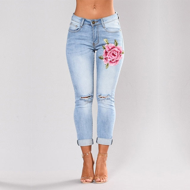 Floral Print Stretch Denim Pants