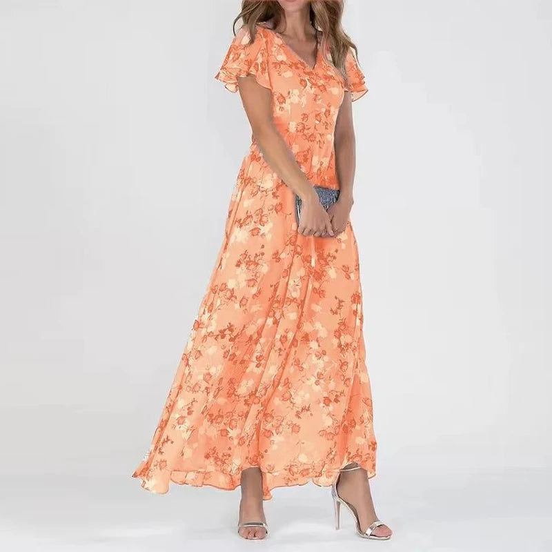 Women's Floral Print A-Line Fit V-Neck Short Flutter Sleeve Maxi Dress