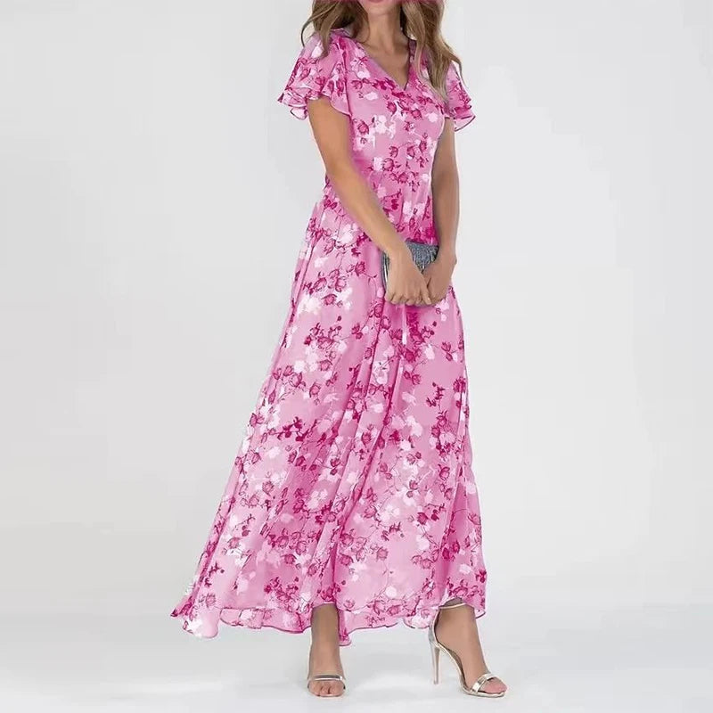 Women's Floral Print A-Line Fit V-Neck Short Flutter Sleeve Maxi Dress