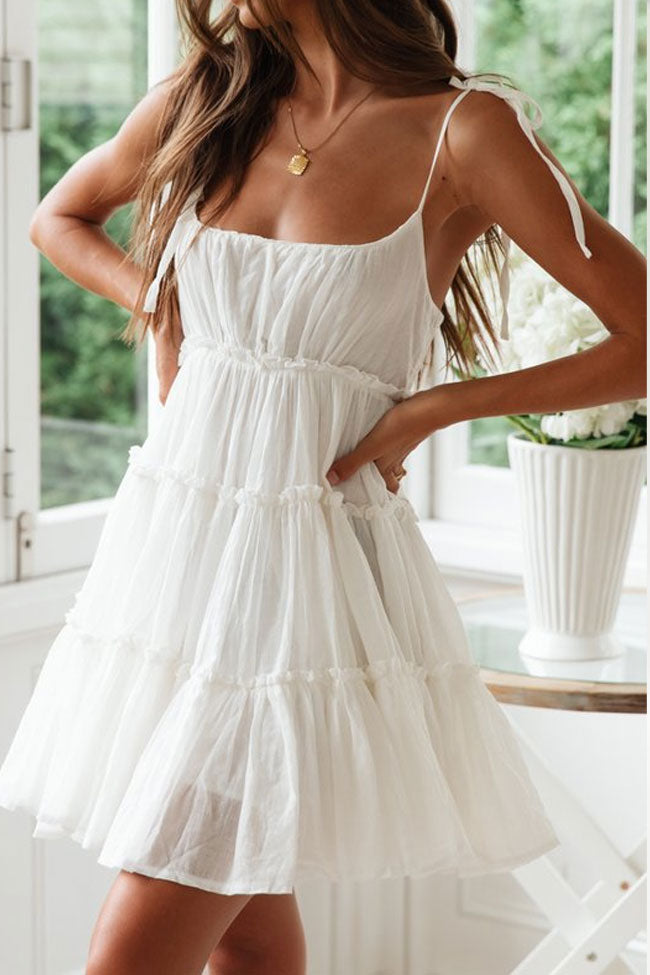 Women's Mini Dress White Cotton Tiered Ruffle