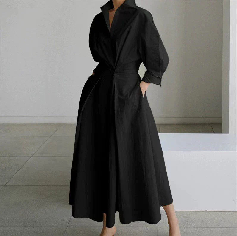 Women’s Button Front Cinched Waist A-Line Fit Long Sleeve Pockets Maxi Shirt Dress
