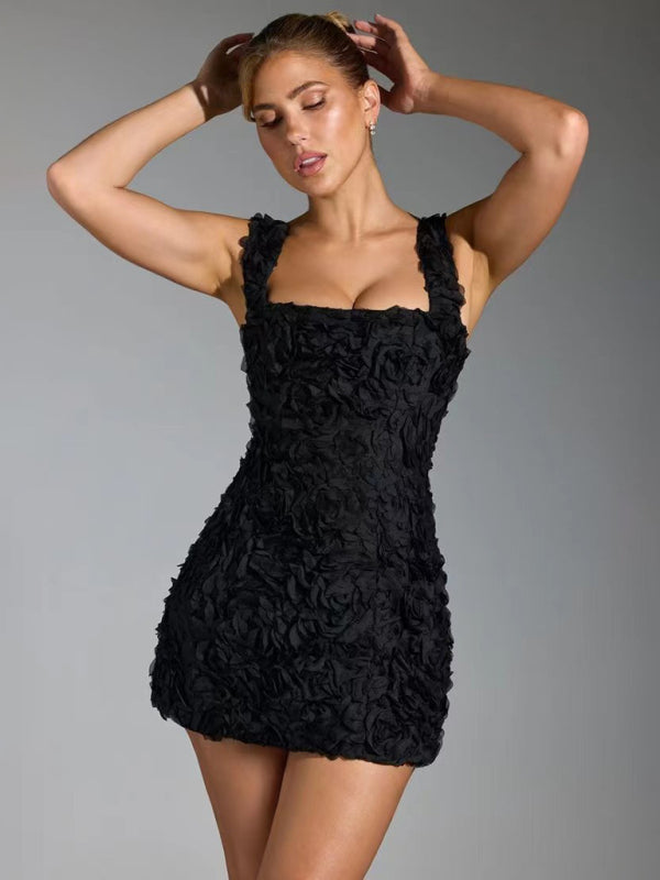 Women's Mini Dress Black Blend 3D Floral Appliqué